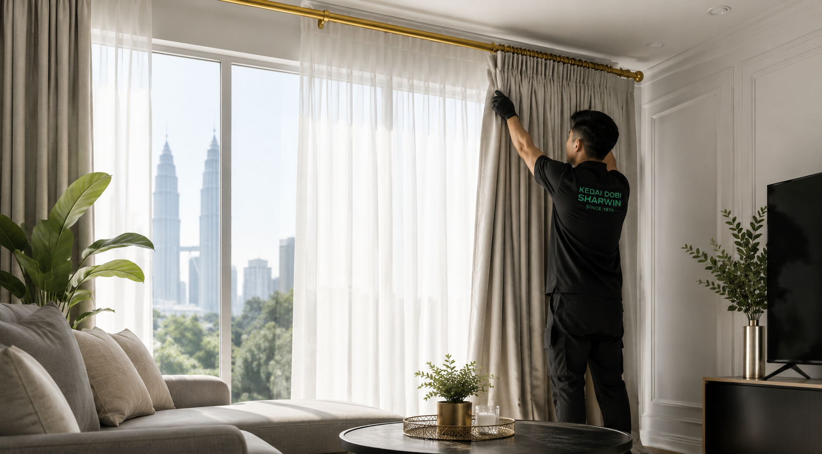 Kedai Dobi Sharwin technician reinstalling curtains in a Kuala Lumpur home